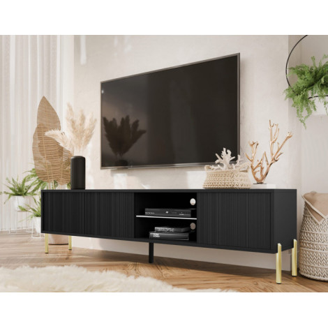 Velloso - meuble TV 3 portes et 2 niches - noir et pieds dorés - 175 cm|Meuble TV|BestMobilier