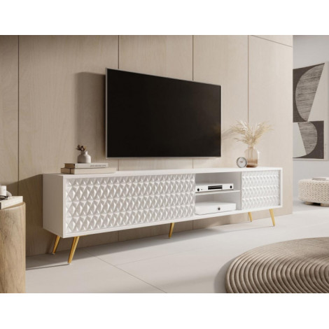 Wairoa - meuble TV 3 portes et 2 niches - blanc et pieds dorés - 175 cm|Meuble TV|BestMobilier