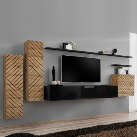 Ensemble Meuble TV "Switch Lamel I" 330cm Noir & Naturel|Meuble TV|Paris Prix