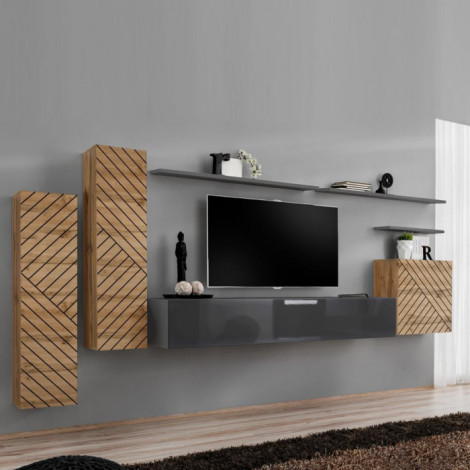 Ensemble Meuble TV "Switch Lamel I" 330cm Gris & Naturel|Meuble TV|Paris Prix