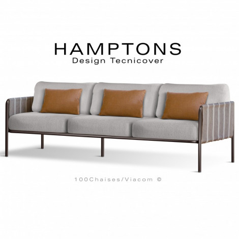 Canapé lounge d'extérieur HAMPTONS, trois places, acier galvanisé peint, assise six coussins, accoudoirs habillage tissu.|Banquettes / Bancs / Poufs|100chaises