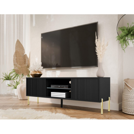 Velloso - meuble TV 2 portes et 2 niches - noir et pieds dorés - 135 cm|Meuble TV|BestMobilier