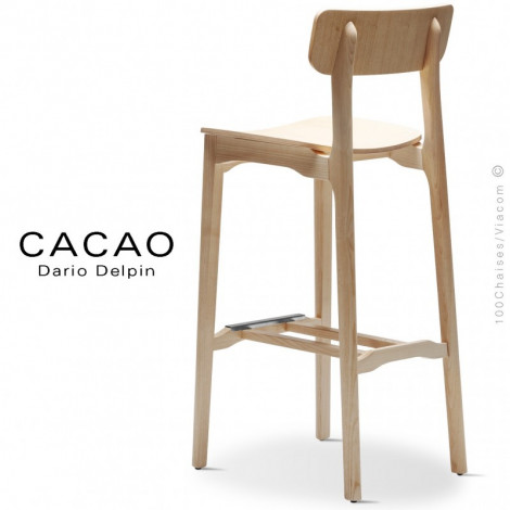 Tabouret bois de bar design CACAO, structure 4 pieds en bois de Frêne avec repose pieds inox, vernis naturel ou teinté.|Tabouret|100chaises