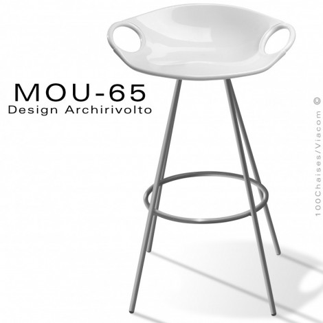 Tabouret design pour cuisine MOU-65, assise coque plastique couleur, piétement 4 pieds acier peint ou chromé avec repose pieds.|Tabouret|100chaises