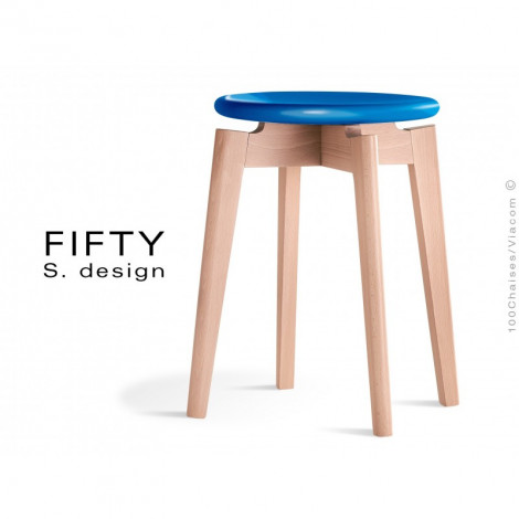 Tabouret design bois FIFTY-45 assise bois peint couleur, piétement bois vernis naturel.|Tabouret|100chaises