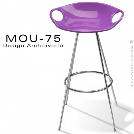 Tabouret design pour bar MOU-75, assise coque plastique couleur, piétement 4 pieds acier peint ou chromé avec repose pieds.|Tabouret|100chaises