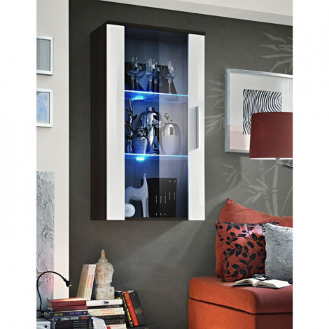 Vitrine LED Murale Design "Neo" 110cm Wengé & Blanc Brillant|Vaisselier|Paris Prix