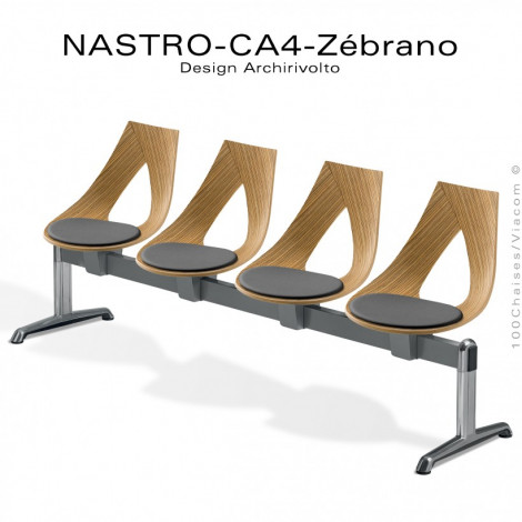 Banc design NASTRO-CA4 ou siège sur poutre, assise bois placage Zébrano avec coussin, piétement aluminium.|Banquettes / Bancs / Poufs|100chaises