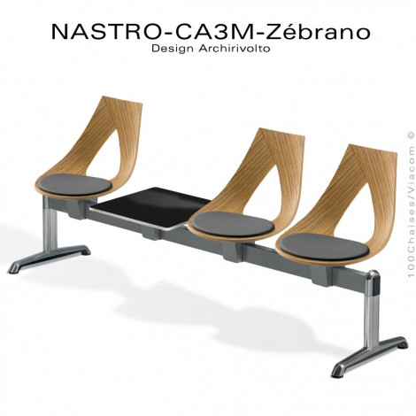 Banc design NASTRO-CA3M ou siège sur poutre, assise bois Zébrano avec coussin, piétement aluminium plus tablette.|Banquettes / Bancs / Poufs|100chaises