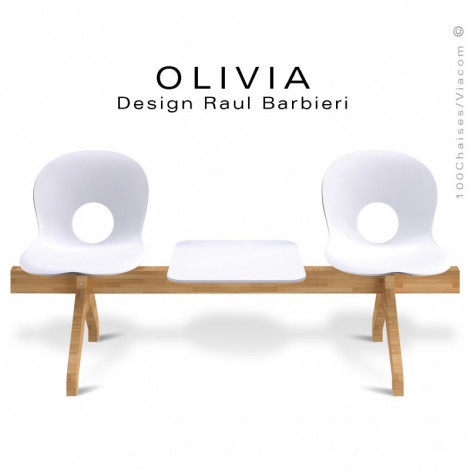 Banc design OLIVIA, piétement bois, assise 2 places coque plastique couleur avec tablette.|Banquettes / Bancs / Poufs|100chaises