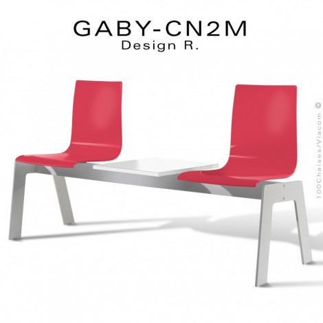 Banc ou assise sur poutre design GABY, assise trois places coque couleur, piétement acier peint avec tablette porte revue.|Banquettes / Bancs / Poufs|100chaises