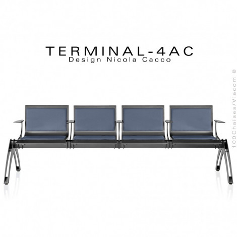 Banc design pour salle d'attente TERMINAL, assise quatre places avec accoudoirs et coussin, structure acier peint.|Banquettes / Bancs / Poufs|100chaises