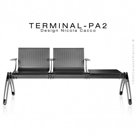 Banc design pour salle d'attente TERMINAL, assise deux places avec tablette, structure et assise avec accoudoirs acier peint.|Banquettes / Bancs / Poufs|100chaises